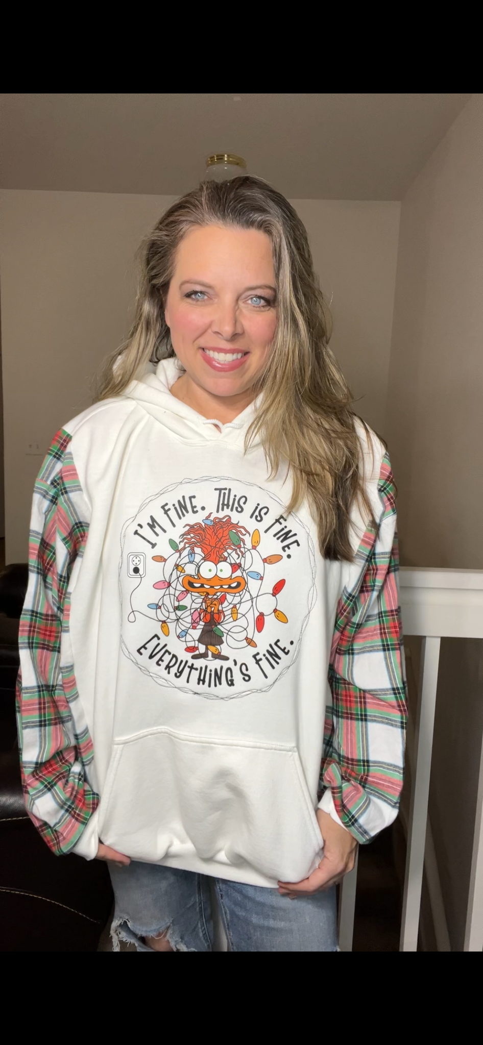 Upcycled I’m fine – women’s 3X/4X midweight sweatshirt with flannel sleeves