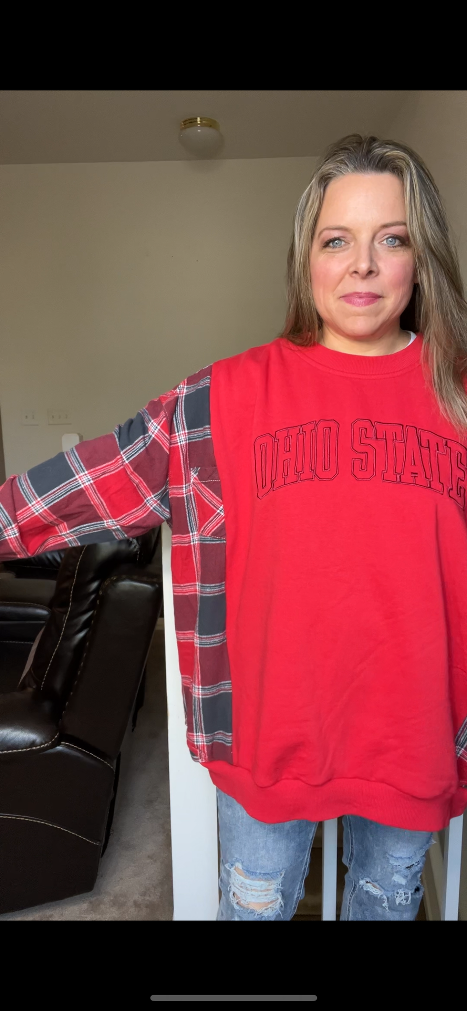 Upcycled OSU – women’s 2X midweight sweatshirt with flannel sleeves￼