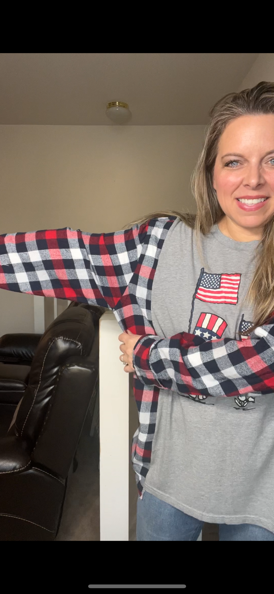 Upcycled Snoopy 4th - Women’s 2X T-shirt with flannel sleeves