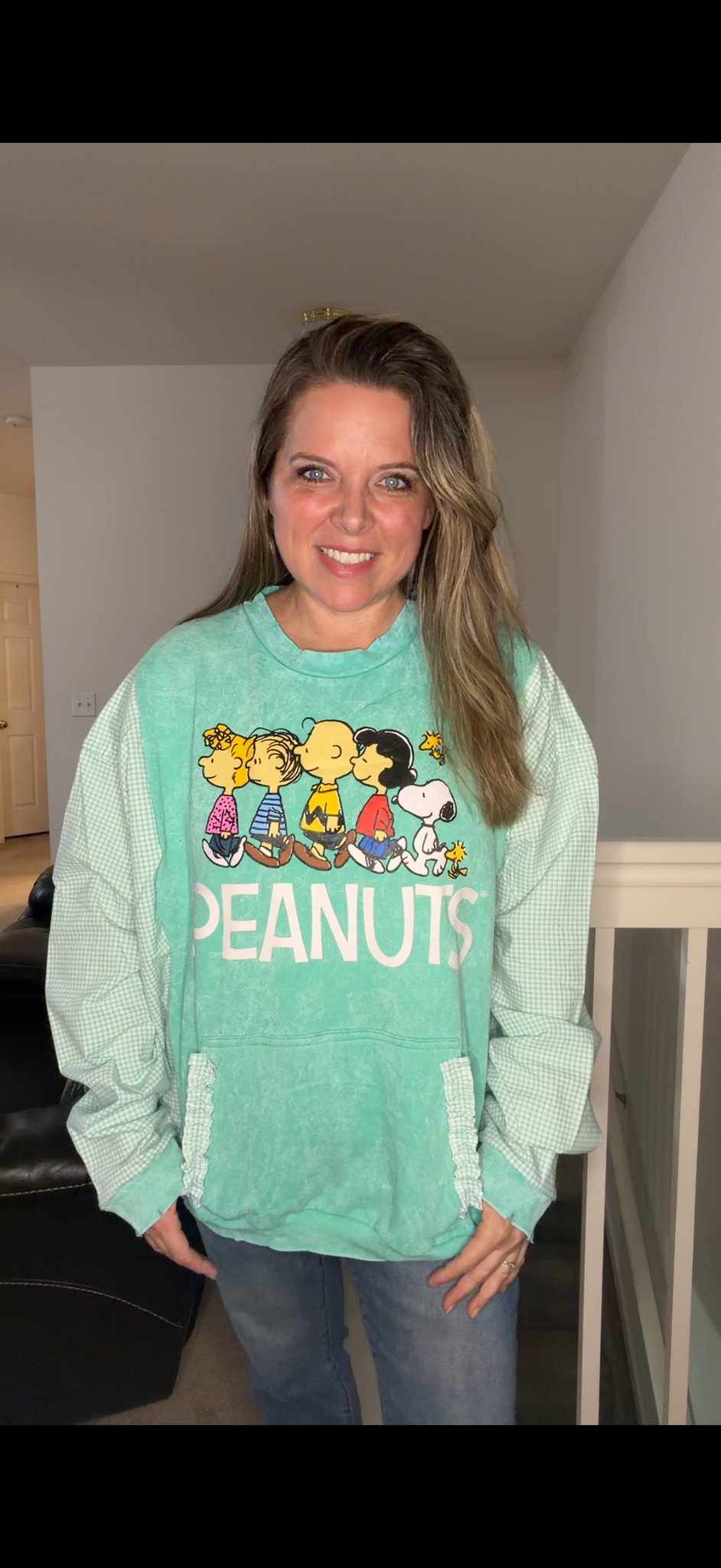 Upcycled Peanuts - women's 3X midweight sweatshirt with flannel sleeves