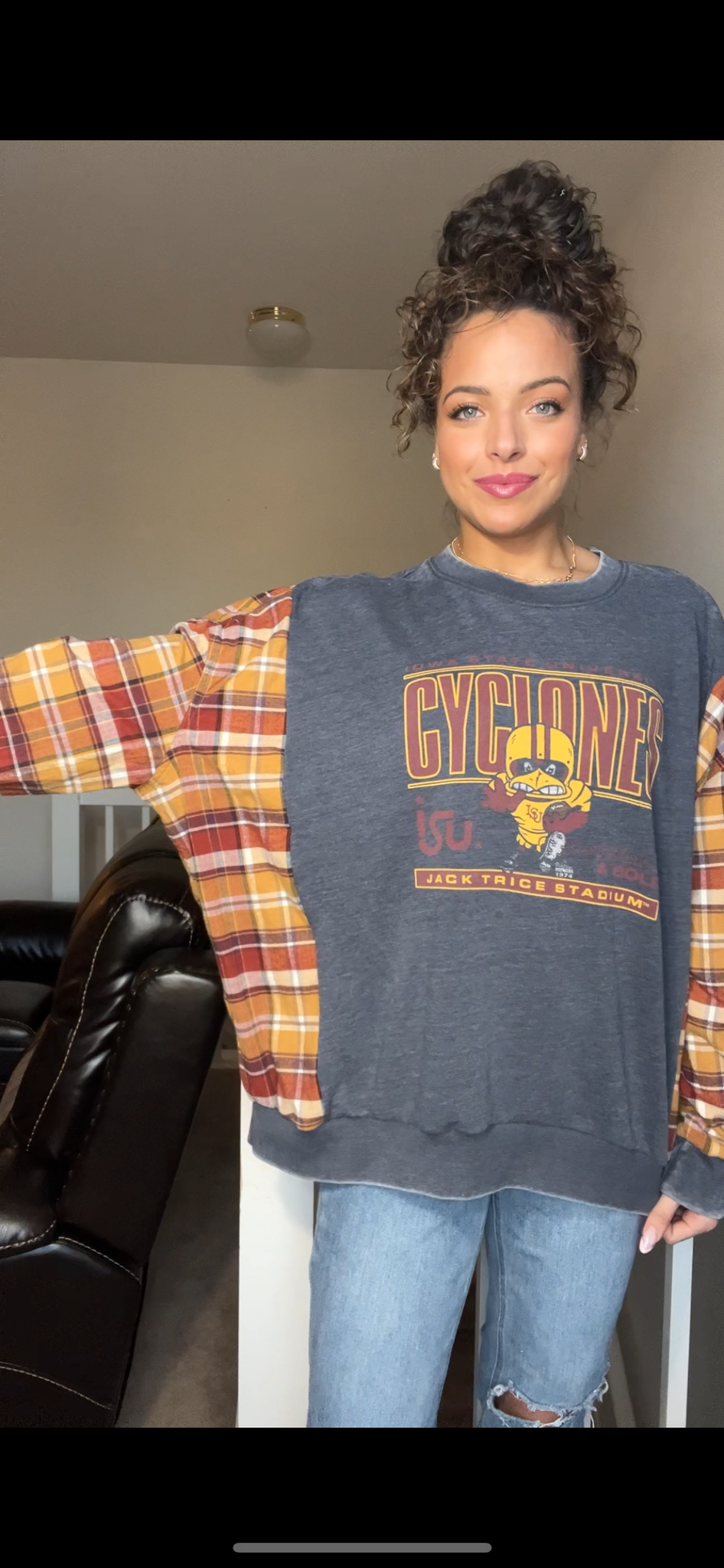 Upcycled Cyclones – women’s 1X/2X – thin French terry sweatshirt with flannel sleeves￼