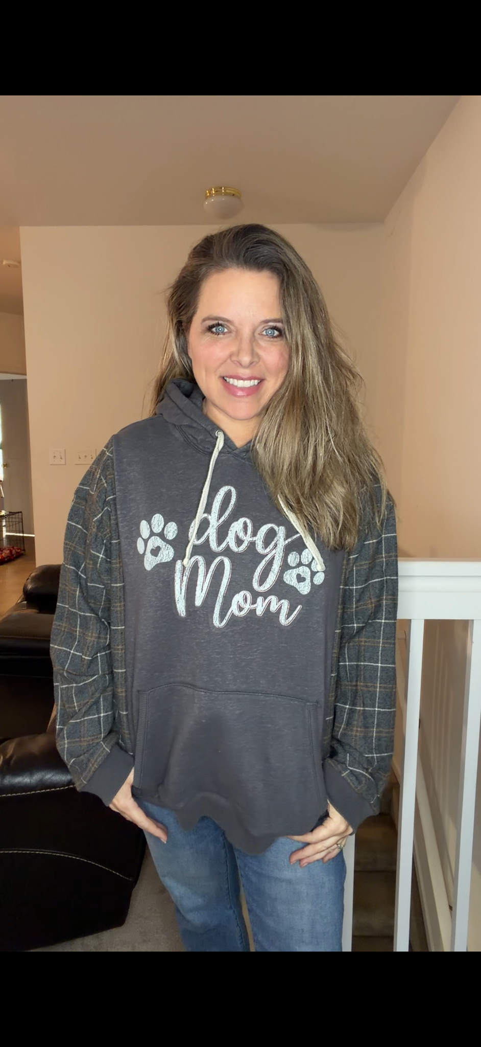 Upcycled Dog Mom - women's large/XL midweight sweatshirt with flannel sleeves