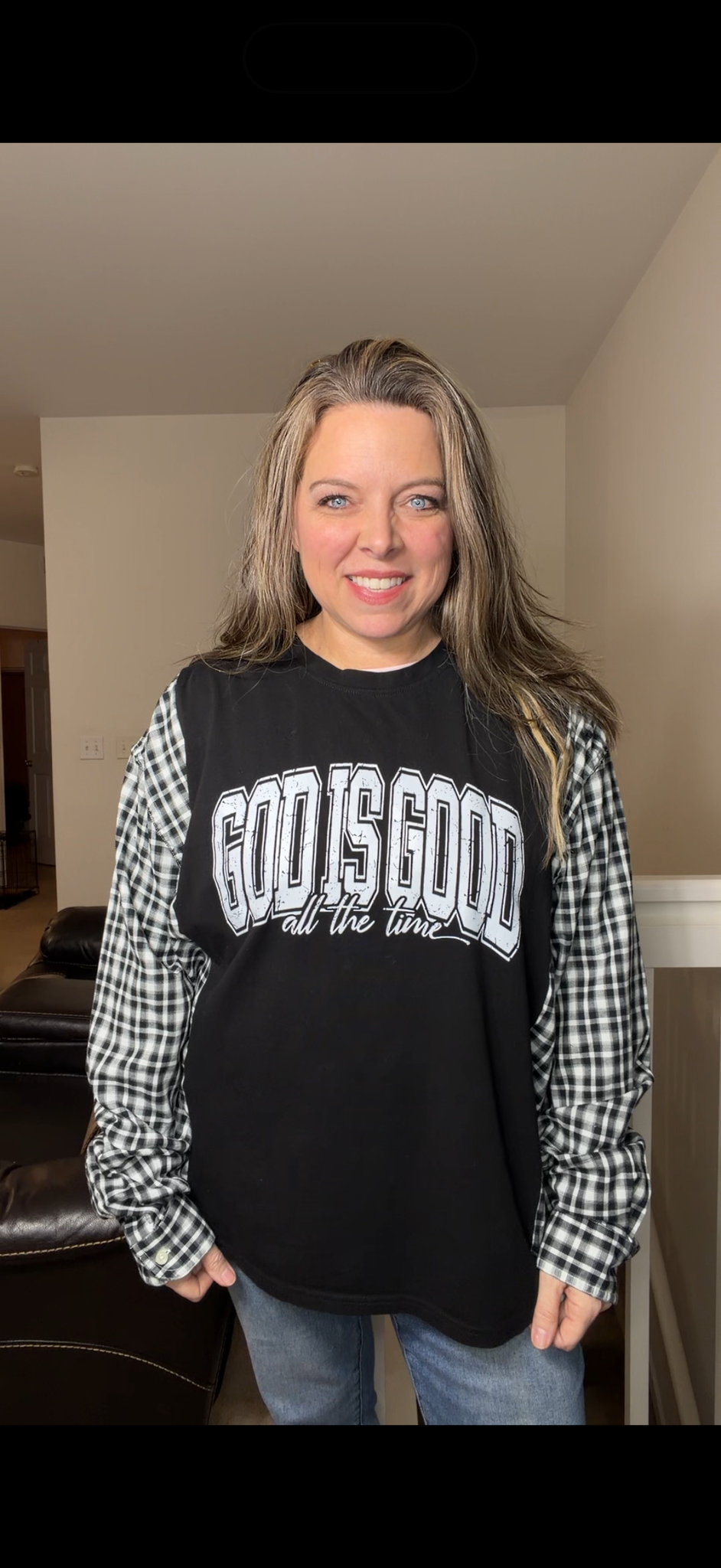 Upcycled God is Good - womens 1X/2X t-shirt with cotton sleeves