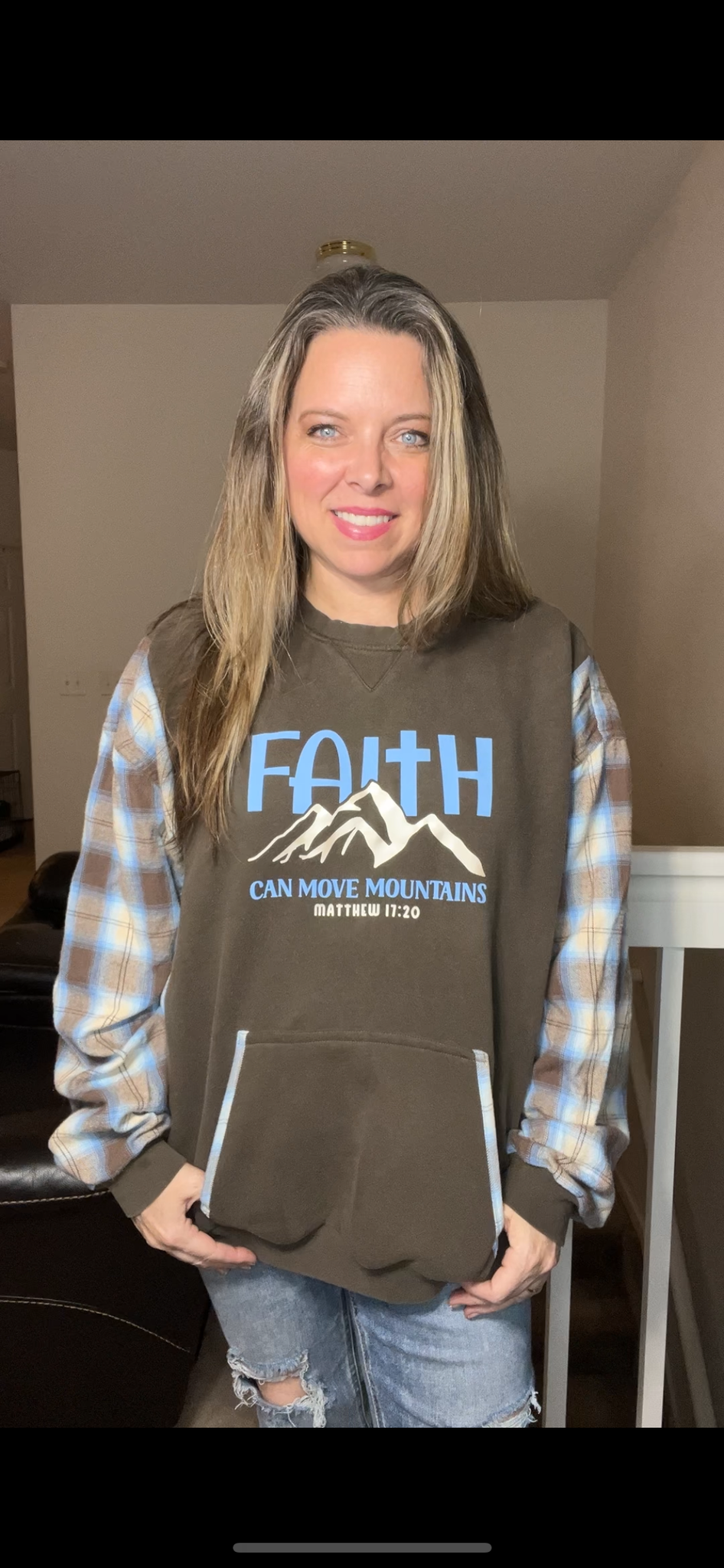 Upcycled Faith – women’s 1X – midweight sweatshirt with flannel sleeves