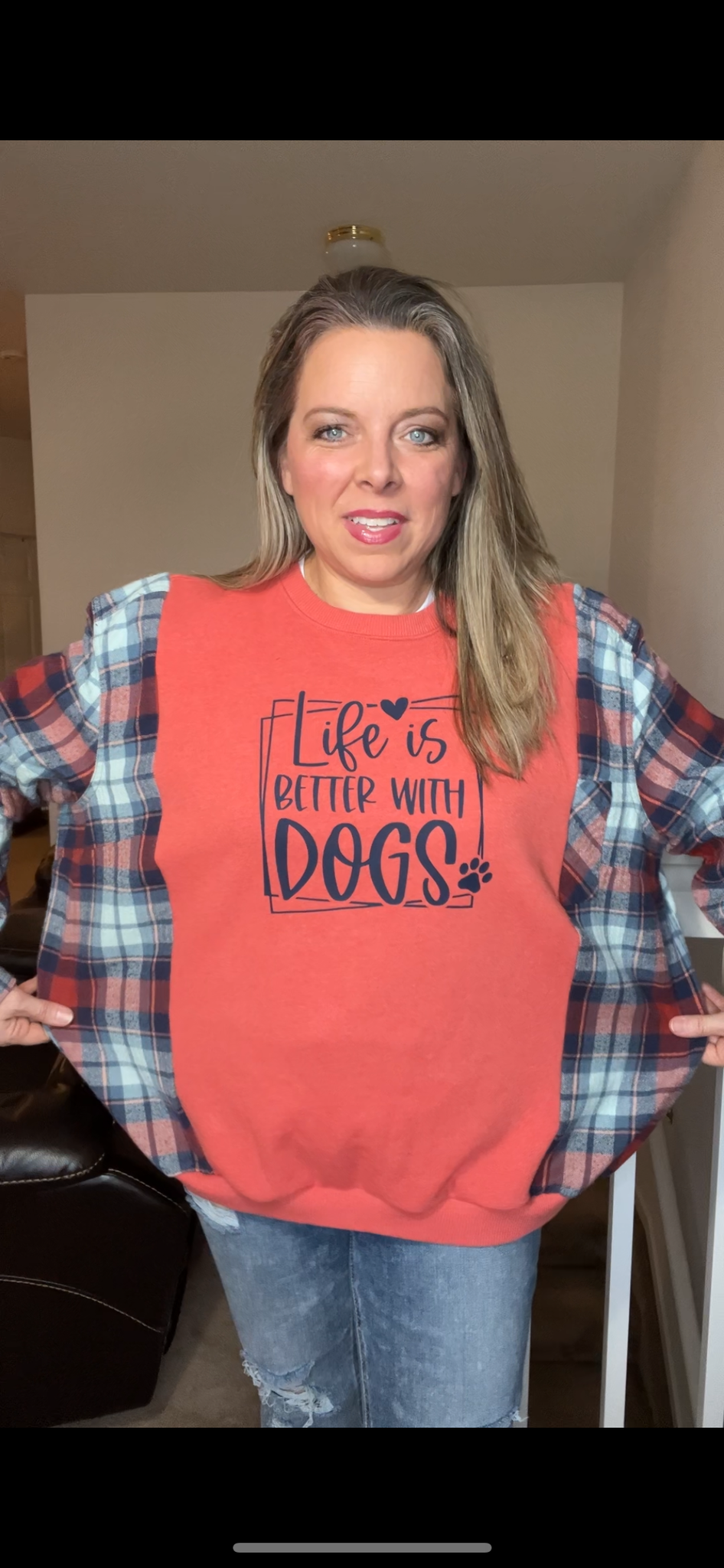 Upcycled Dogs– women’s XL – midweight sweatshirt with flannel sleeves￼