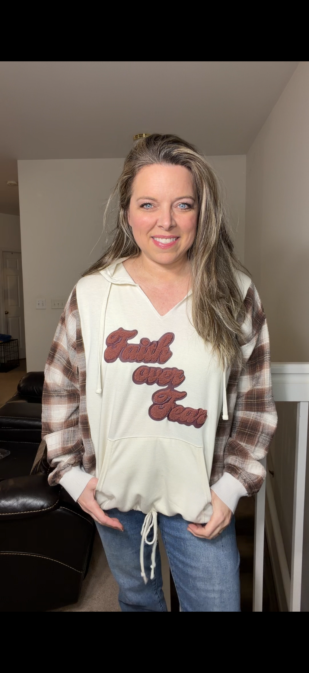 Upcycled Faith over fear - women's XL thin French Terry shirt with flannel sleeves