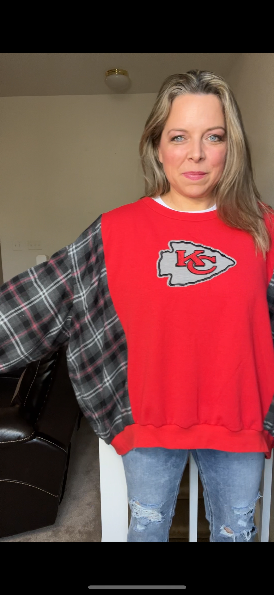 Upcycled Chiefs – women’s XL midweight sweatshirt with flannel sleeves