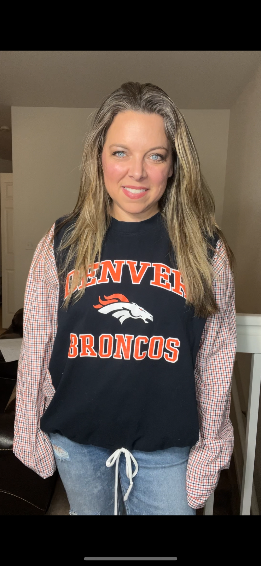 Upcycled Broncos – women’s large/XL – T-shirt with cotton sleeves