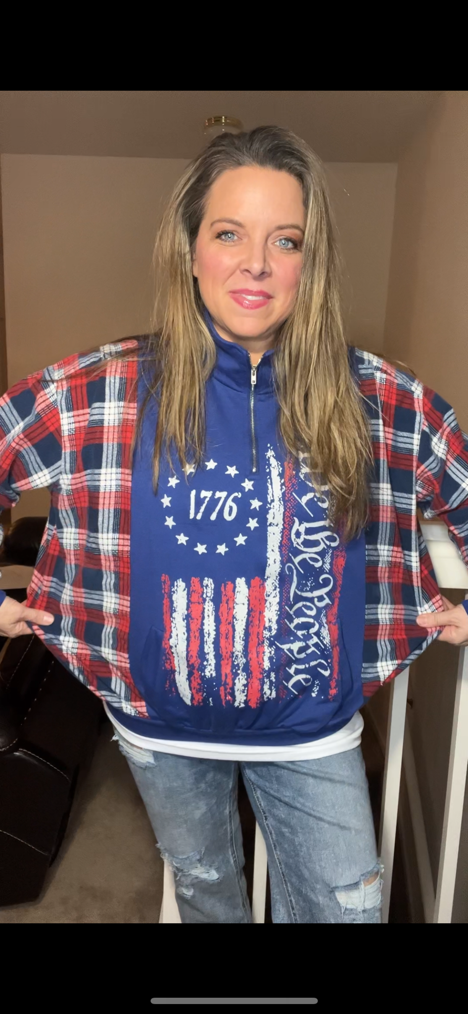 Upcycled We the People – women’s medium – thin French terry sweatshirt with flannel sleeves, bottom band slightly smaller ￼