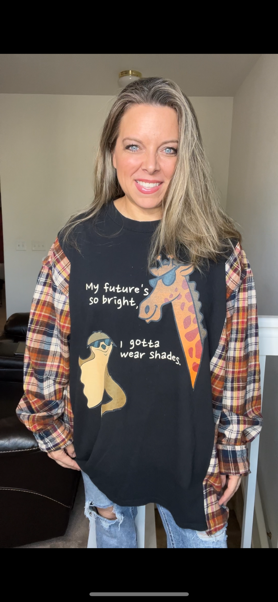 Upcycled Shades – women’s 5X T-shirt with flannel sleeves