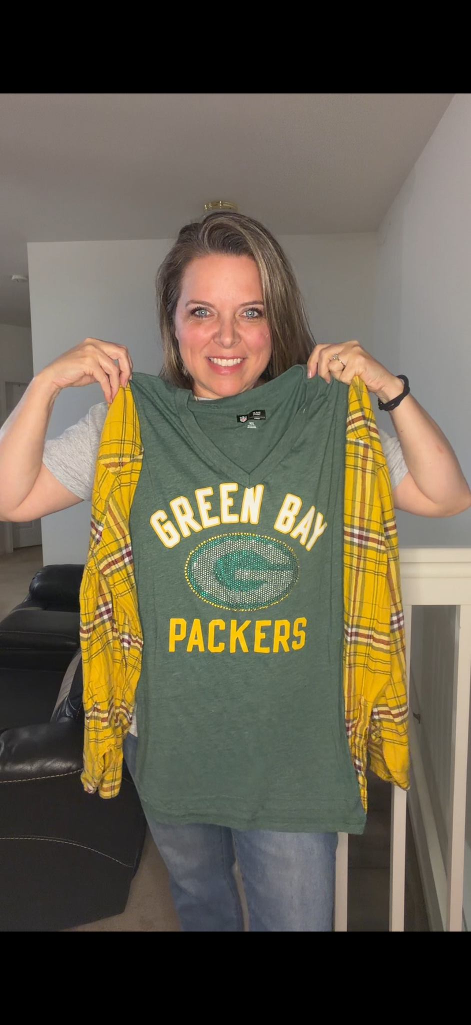 Upcycled Packers - pick your size (XS-3X) - tshirt with flannel sleeves
