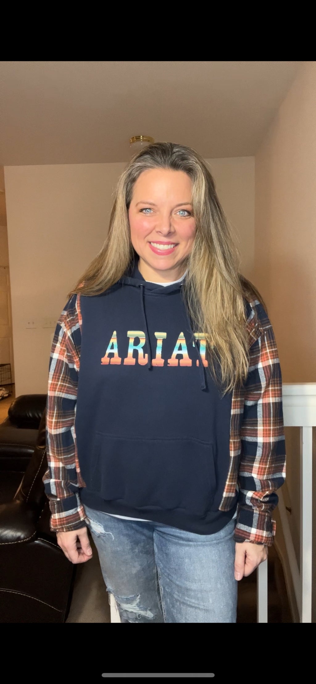 Upcycled Ariat - women’s small – midweight sweatshirt with flannel sleeves ￼￼