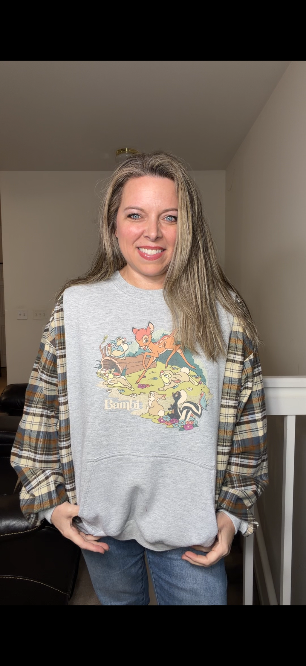 Upcycled Bambi - women's medium/large midweight sweatshirt with thick flannel sleeves