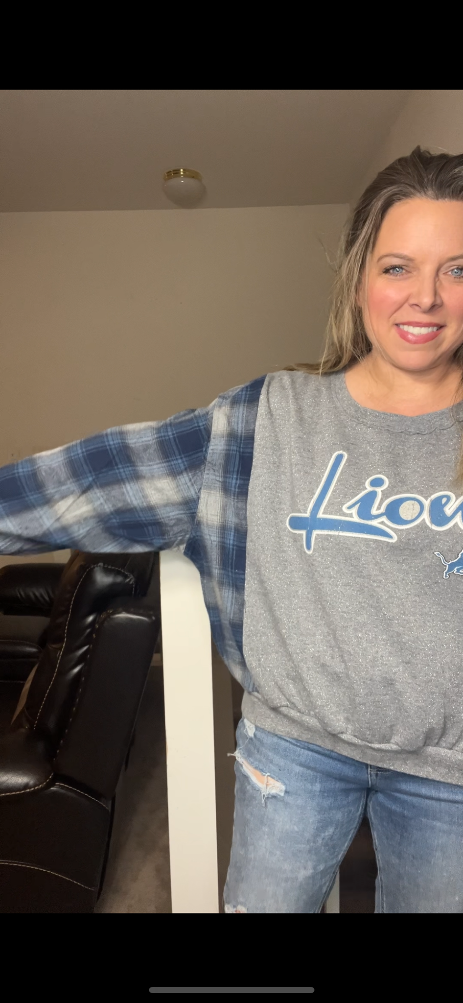 Upcycled Lions – women’s medium – midweight sweatshirt with flannel sleeves