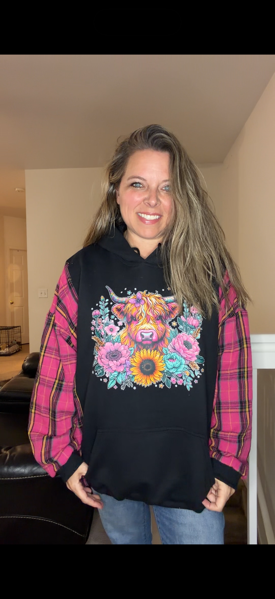 Upcycled Cow - women's 2X/3X midweight sweatshirt with thin flannel sleeves
