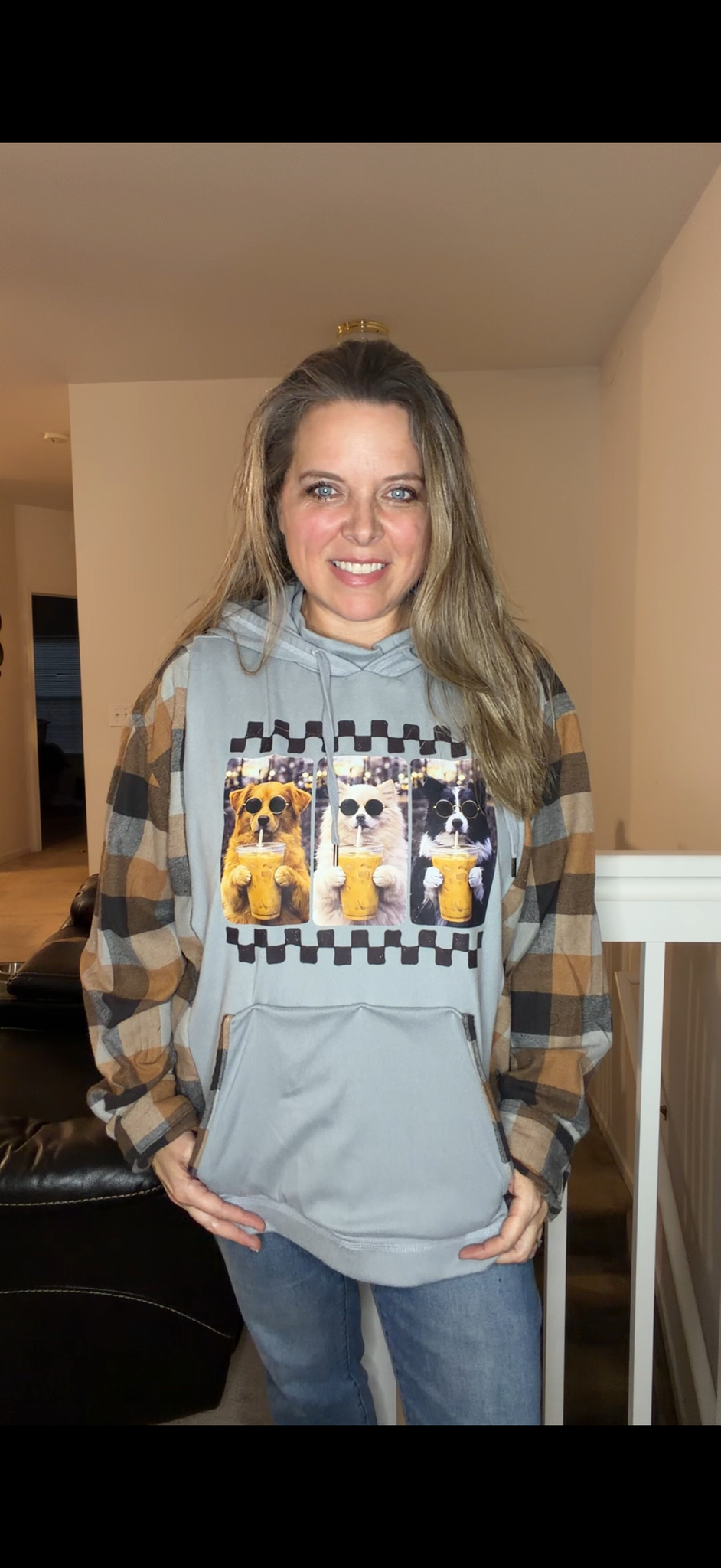 Upcycled Dogs - women's 1X midweight sweatshirt with flannel sleeves