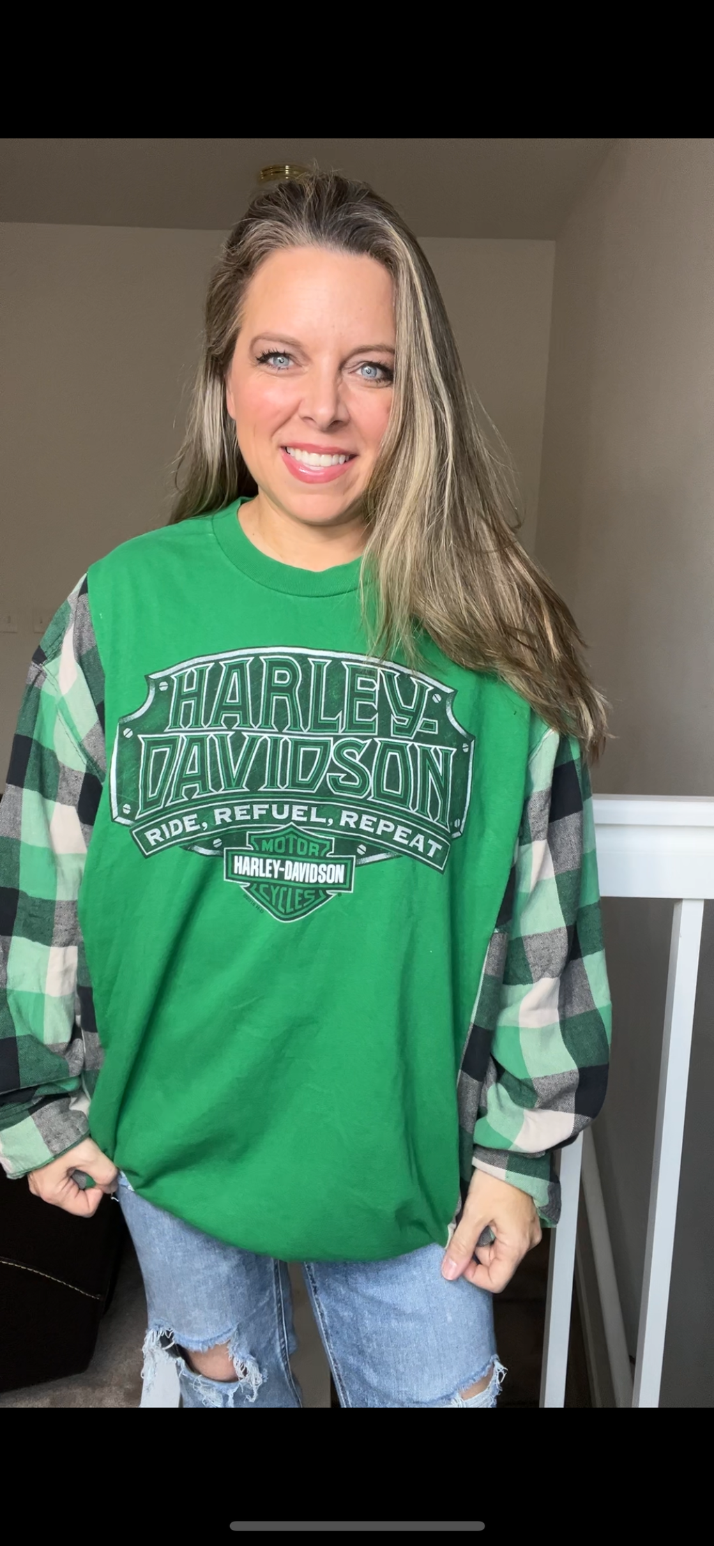 Upcycled Harley - womans 4X Tshirt with flannel sleeves