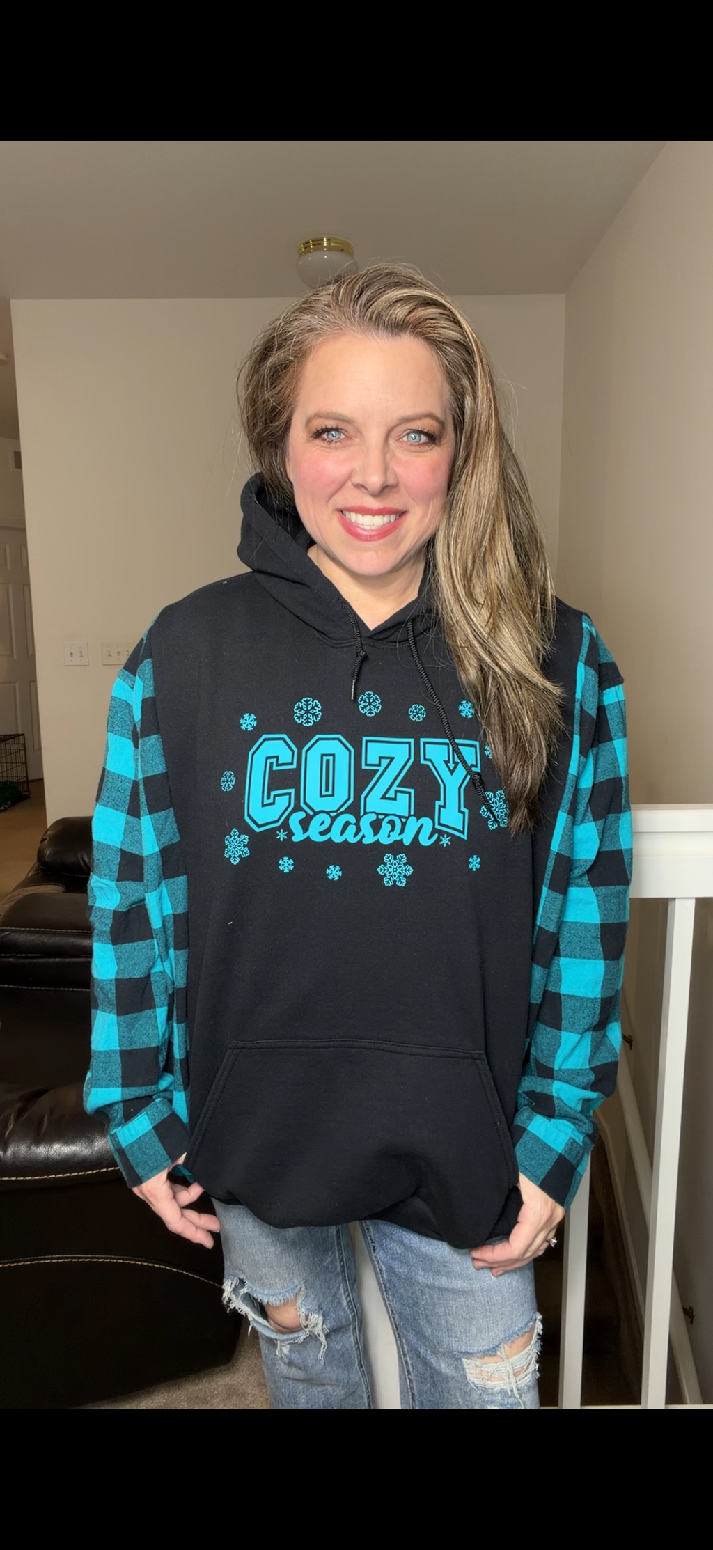 Upcycled Cozy – women's 2X (sleeves more narrow) midweight sweatshirt with flannel sleeves ￼