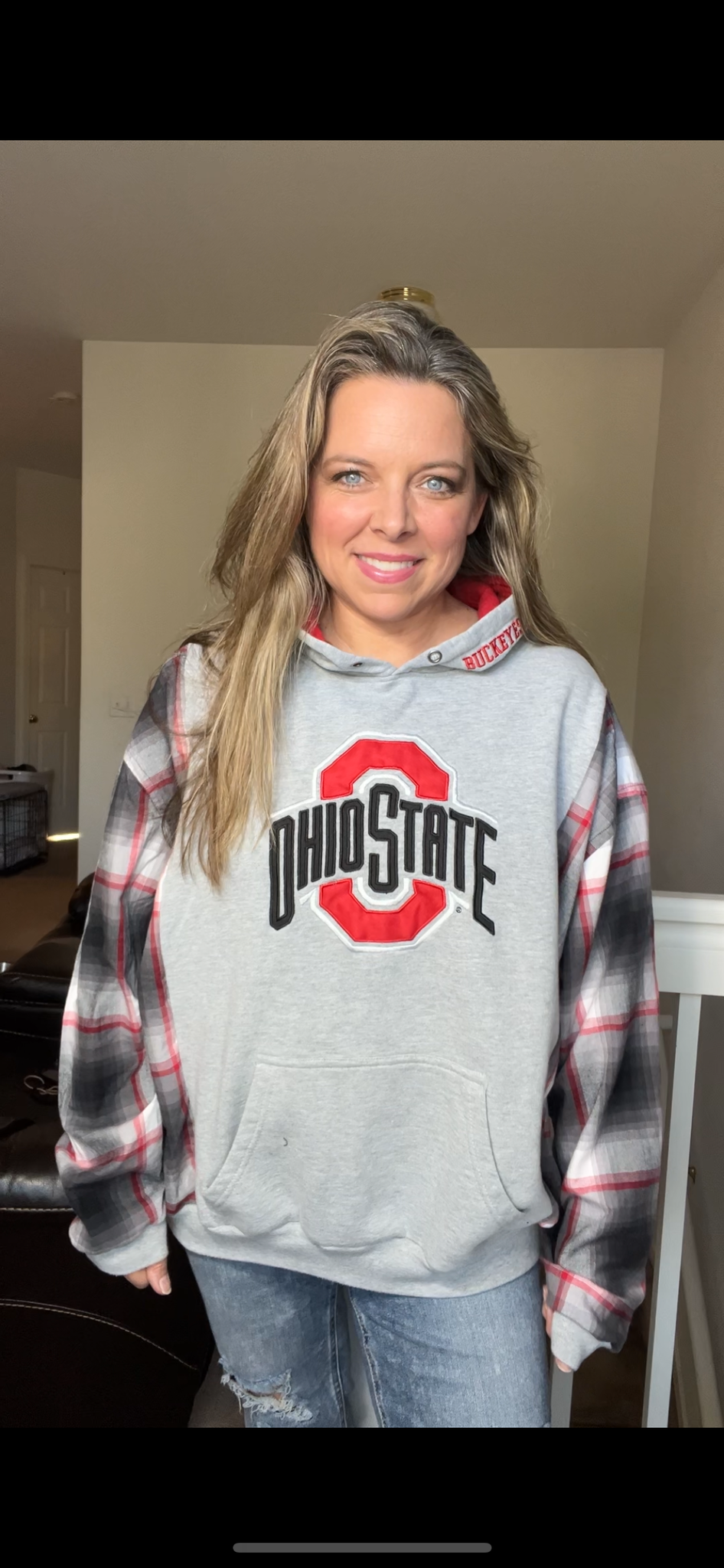 Upcycled OSU – women’s large – midweight sweatshirt with flannel sleeves￼