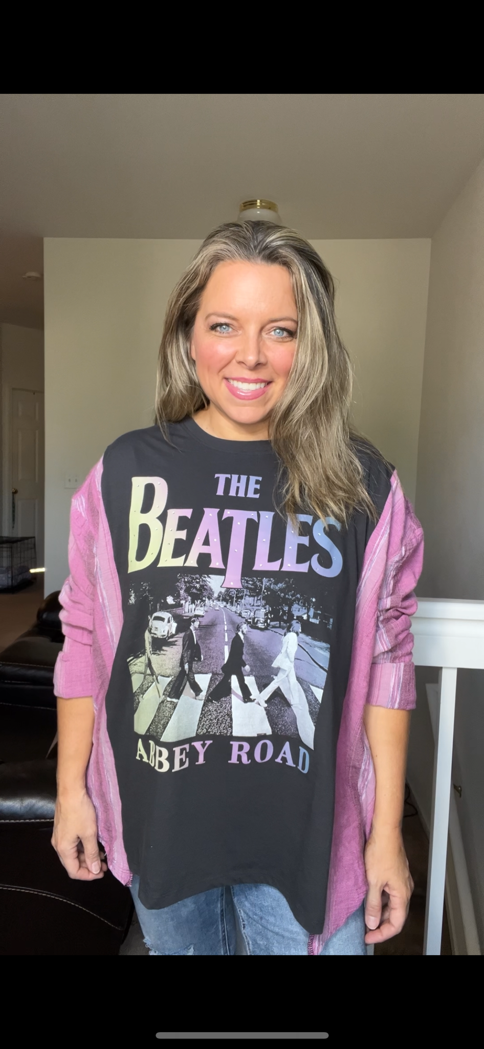 Upcycled Beatles – women’s XL - thin T-shirt with crêpe cotton sleeves￼