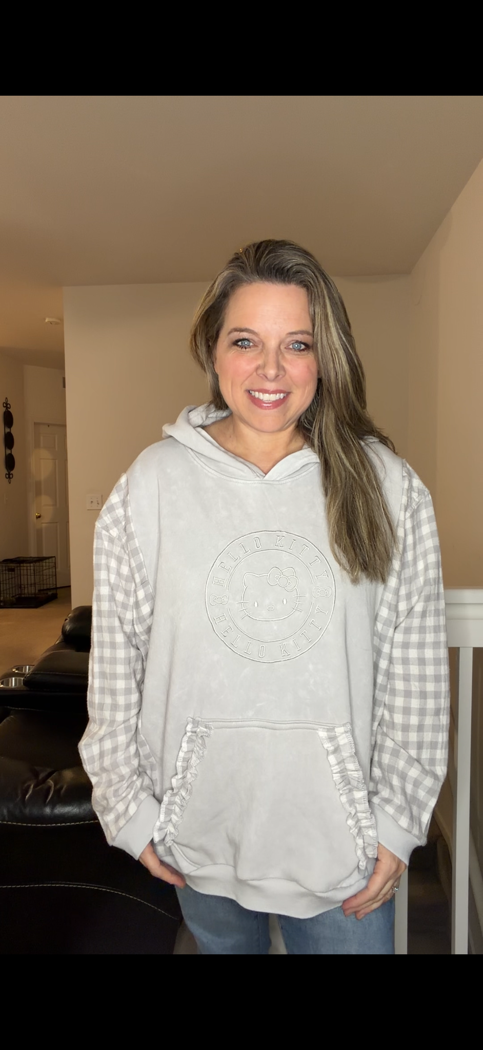 Upcycled Hello Kitty - women's 2X/3X midweight sweatshirt with flannel sleeves