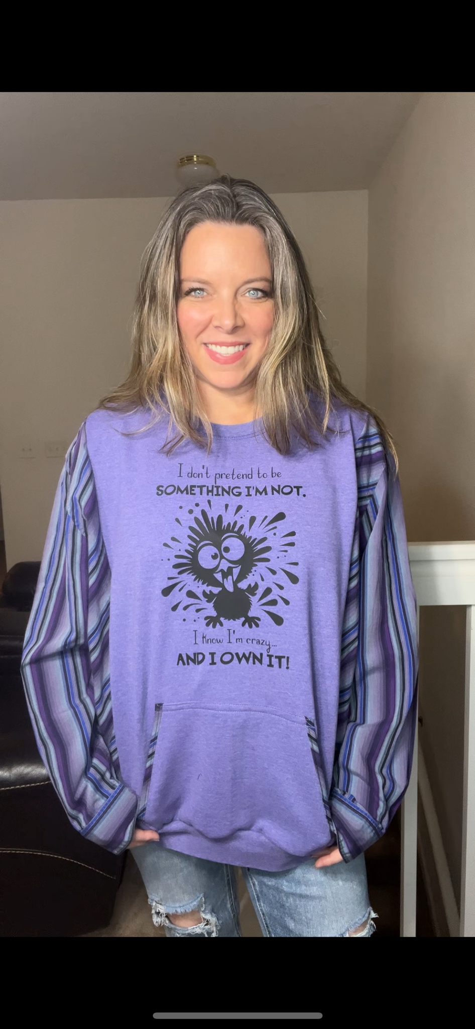 Upcycled Crazy – women’s 2X midweight sweatshirt with cotton sleeves
