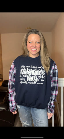 Upcycled Valentine – women’s large – midweight sweatshirt with flannel sleeves ￼