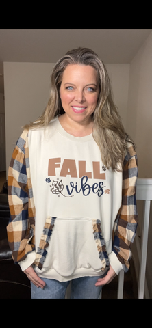 Upcycled Fall – women’s 1X/2X midweight sweatshirt with flannel sleeves ￼