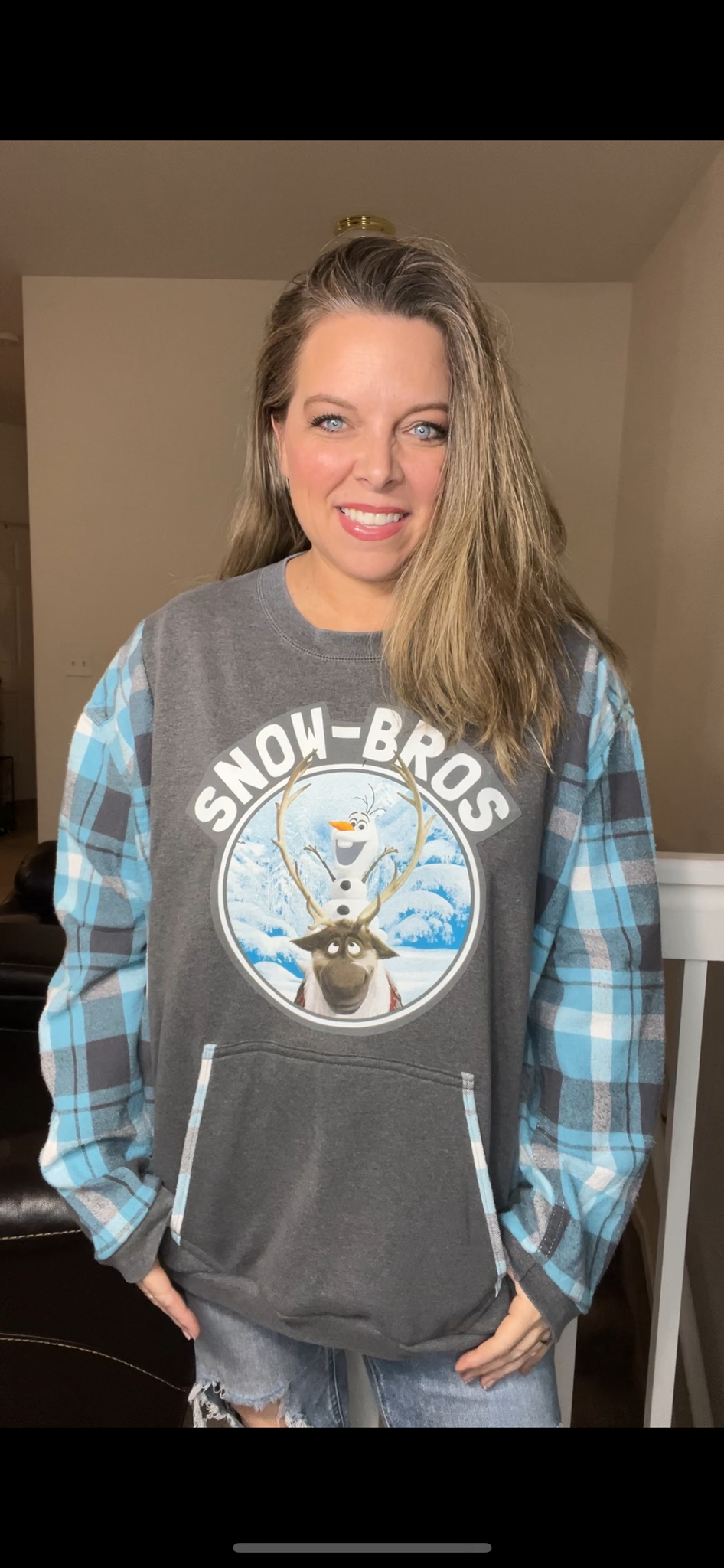 Upcycled Snow Bros - womans 2X - Midweight Sweatshirt with flannel sleeves