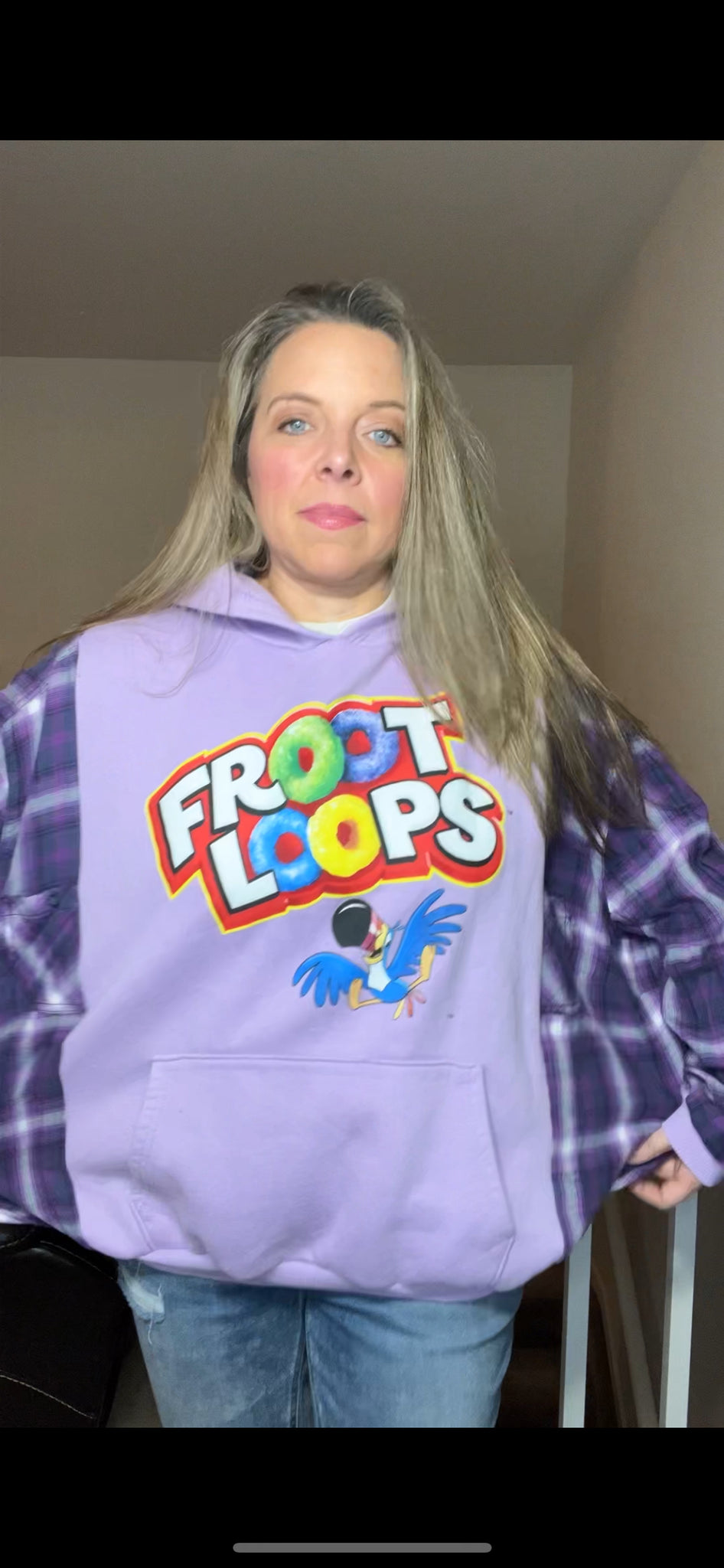 Froot Loops - woman’s XL - midweight sweatshirt with thin flannel sleeves ￼