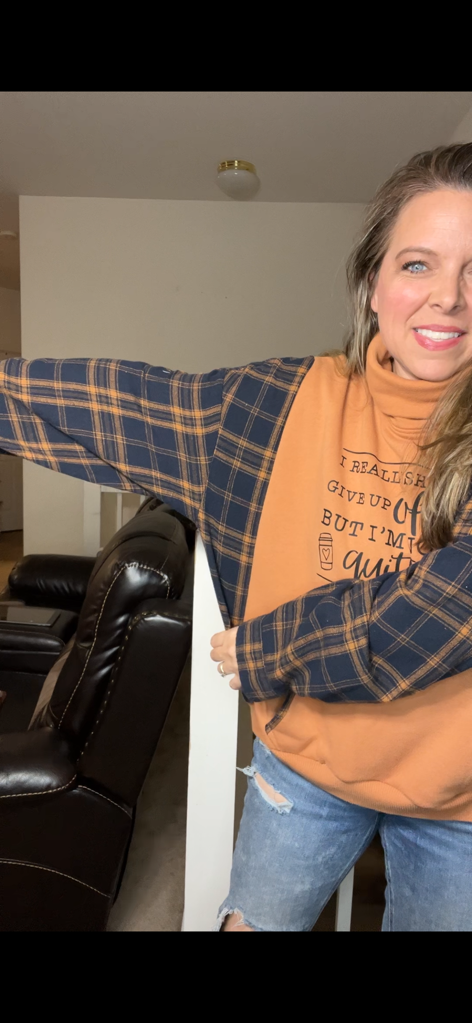 Upcycled Coffee – women’s XL French terry sweatshirt with flannel sleeves