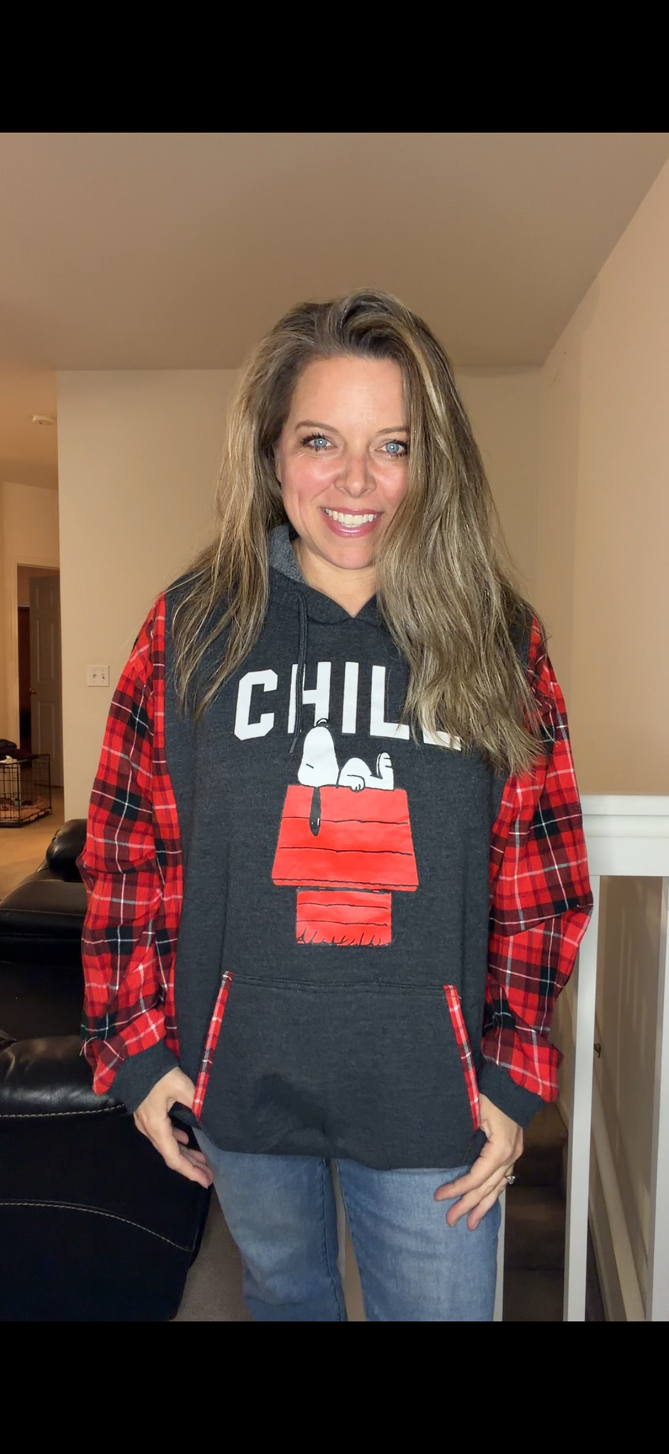 Upcycled Chill - woman's 2X midweight Sweatshirt with flannel sleeves