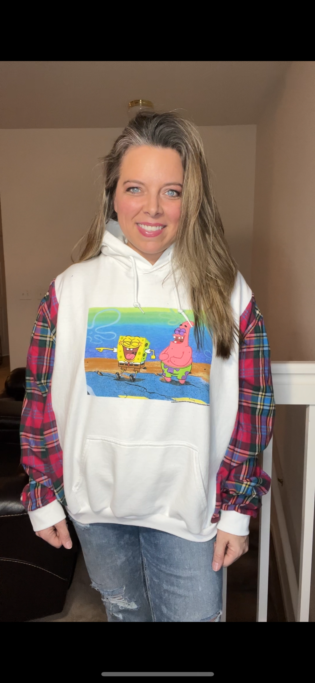 Upcycled SpongeBob – women’s XL – midweight sweatshirt with flannel sleeves￼
