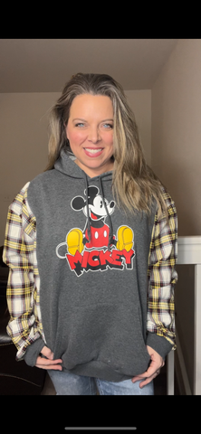 Upcycled Mickey – women’s 2X – midweight sweatshirt with flannel sleeves