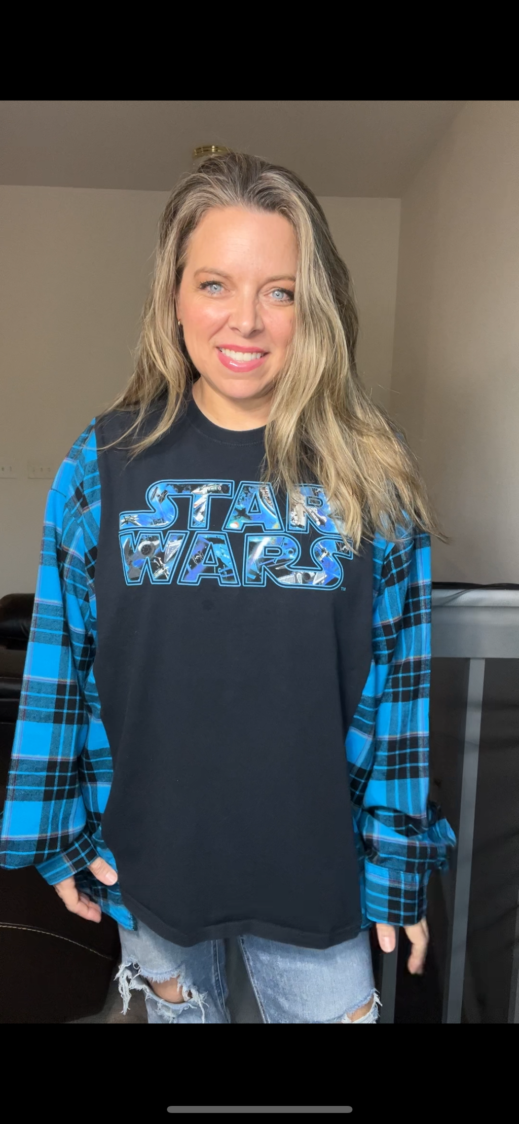 Upcycled Star Wars - women's 2X T-shirt with flannel sleeves