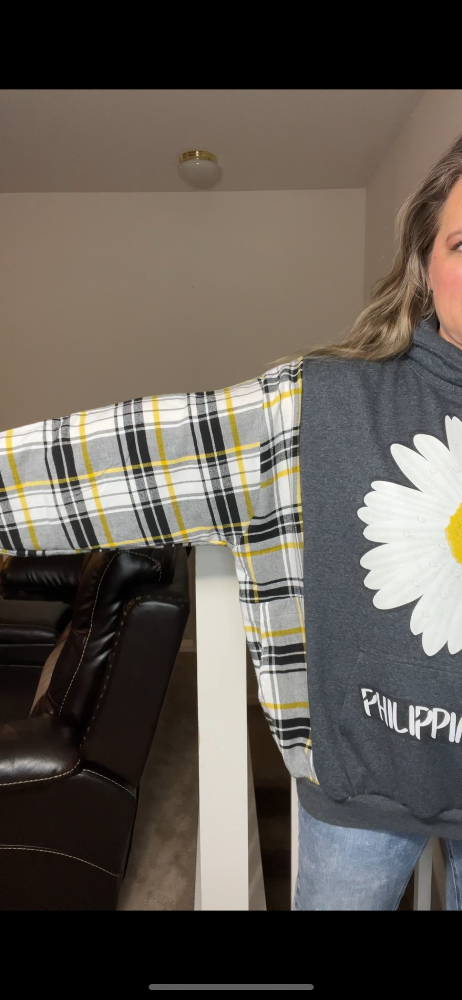 Upcycled Sunflower – women’s 2X/3X – midweight sweatshirt with flannel sleeves