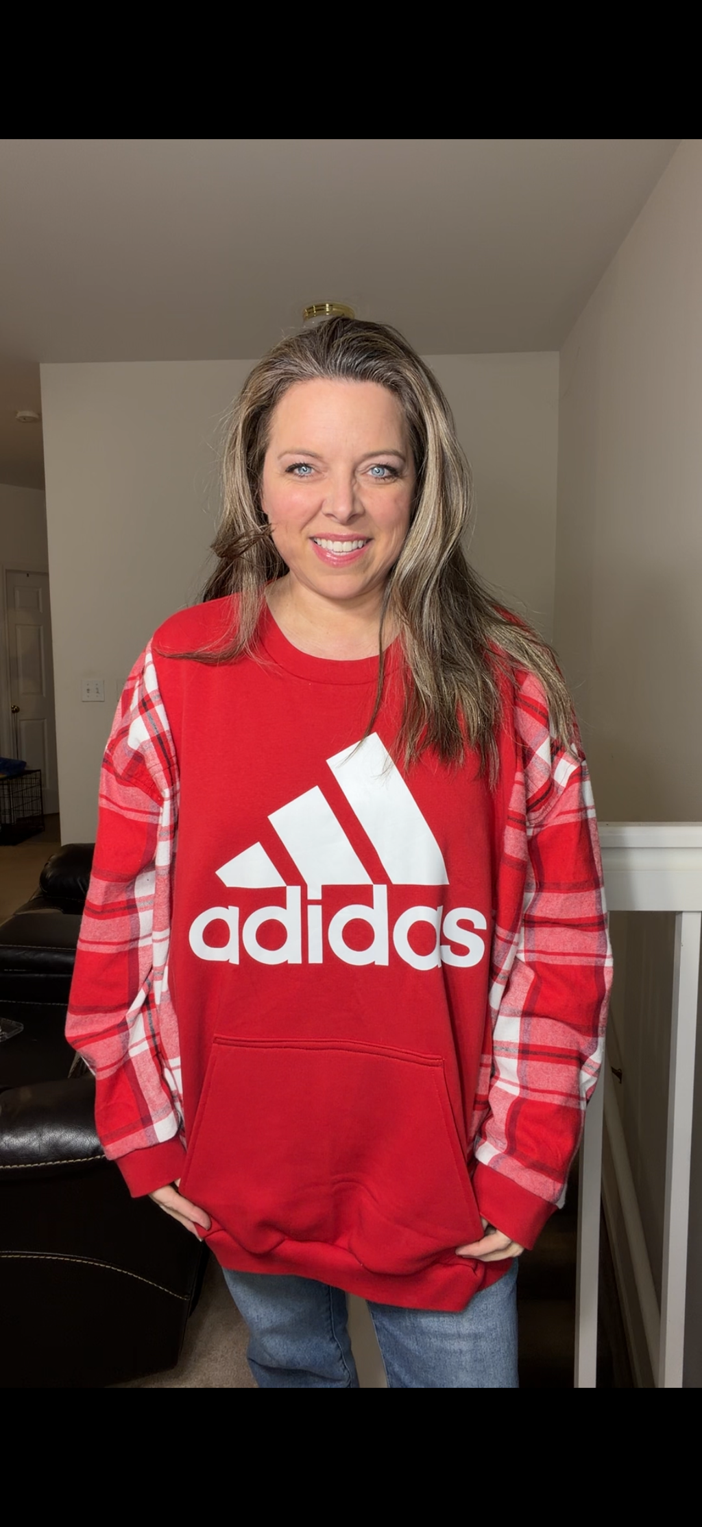 Upcycled Adidas Red - women's 4X/5X midweight sweatshirt with flannel sleeves