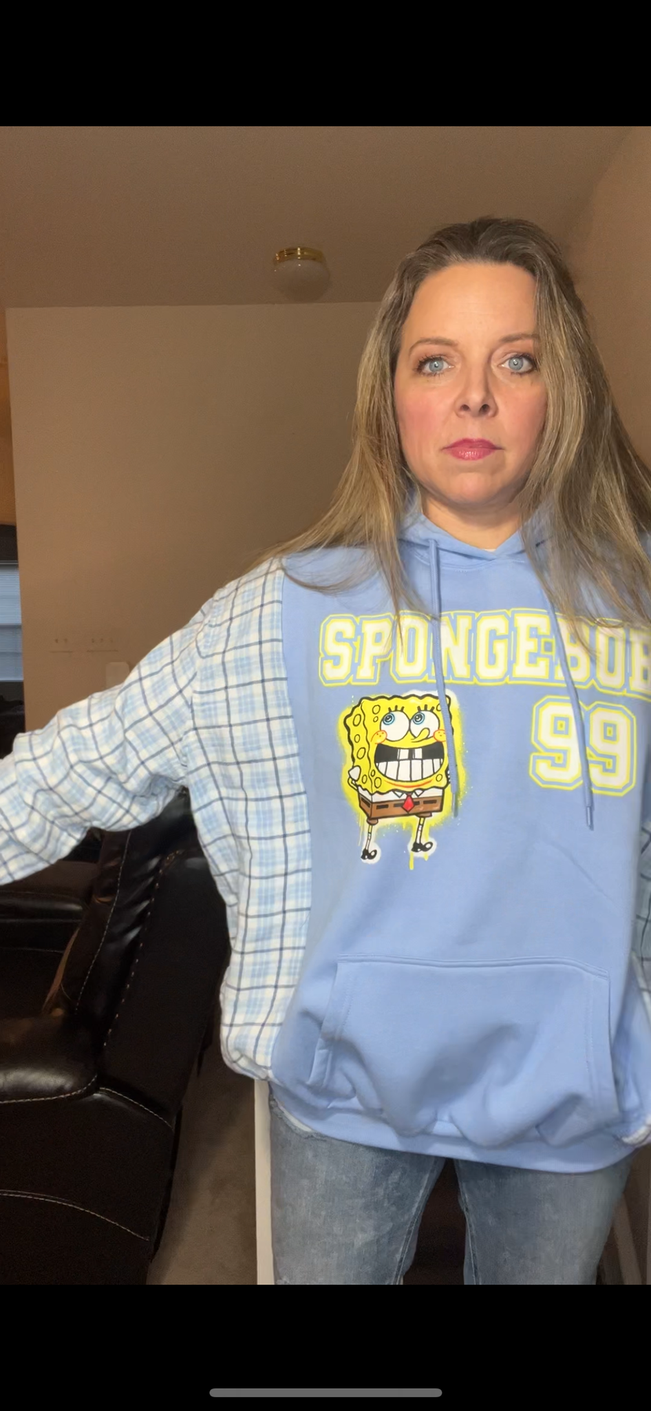 Upcycled SpongeBob – women’s 1X – midweight sweatshirt with flannel sleeves￼