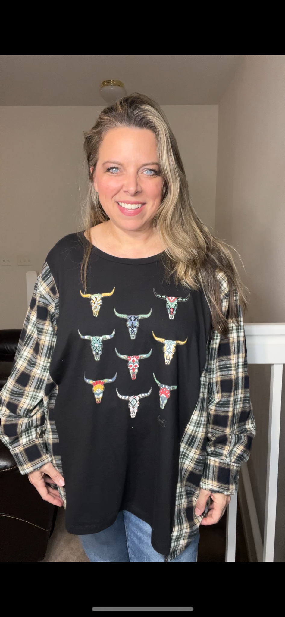 Upcycled Ariat Bulls – women’s 3X/4X T-shirt with flannel sleeves