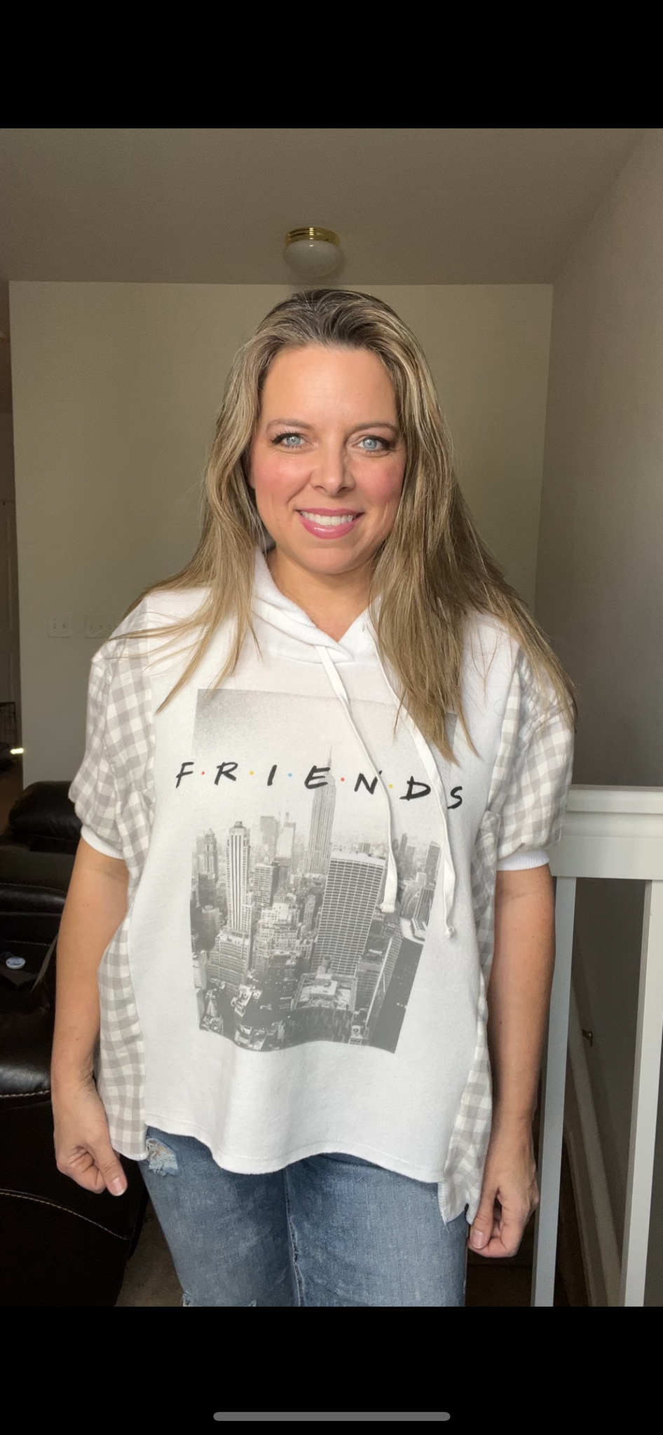 Upcycled Friends – women’s medium cropped – soft thick sweatshirt with short sleeves￼