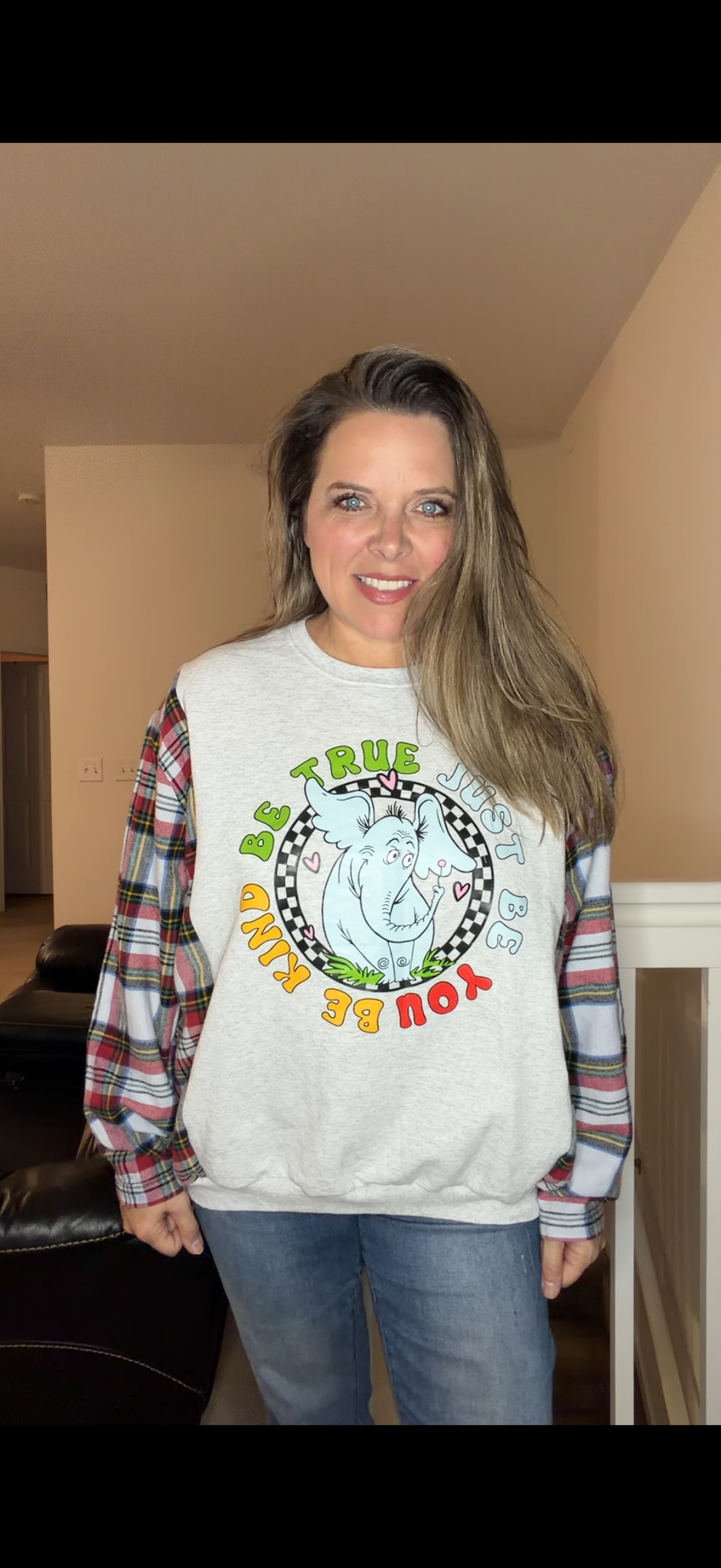 Upcycled Be True - women's large midweight sweatshirt with flannel sleeves