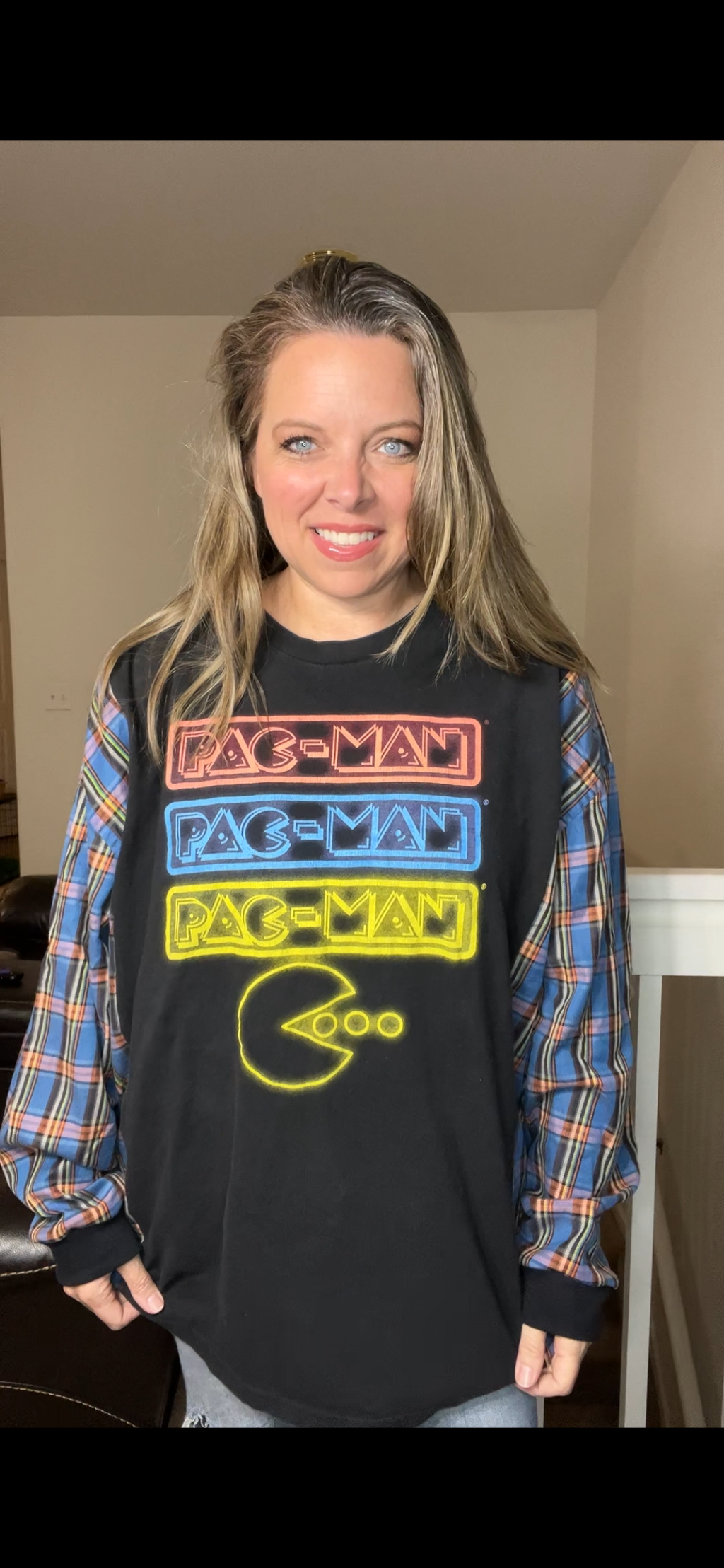 Upcycled Pac-Man – women’s 3X T-shirt with flannel sleeves