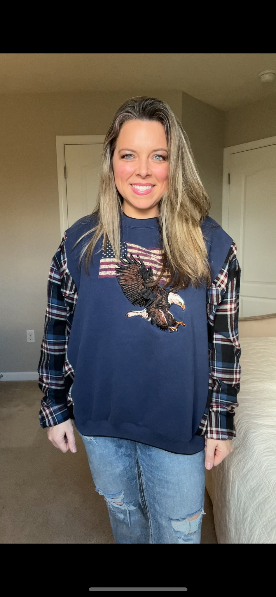 Upcycled Eagle - women’s large – thick sweatshirt with flannel sleeves – sleeves slightly tighter ￼