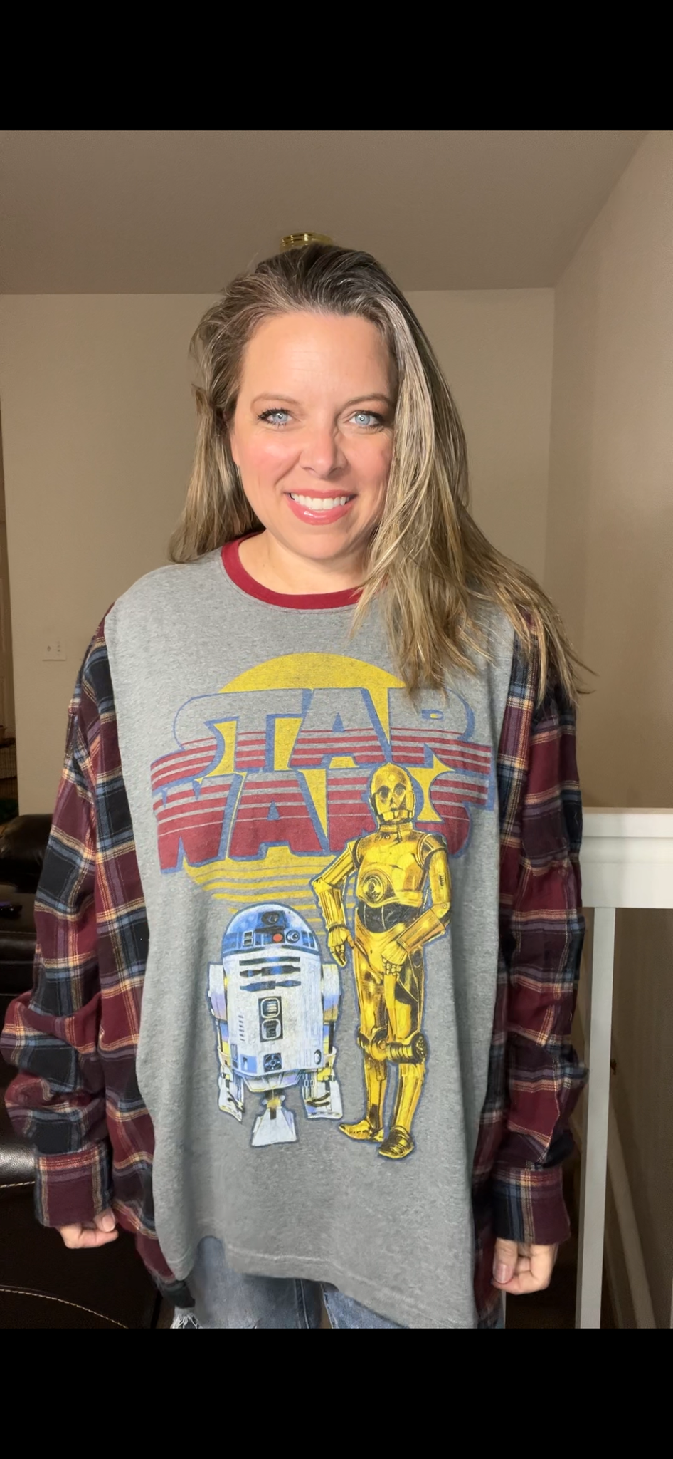 Upcycled Star Wars – women’s 2X T-shirt with flannel sleeves