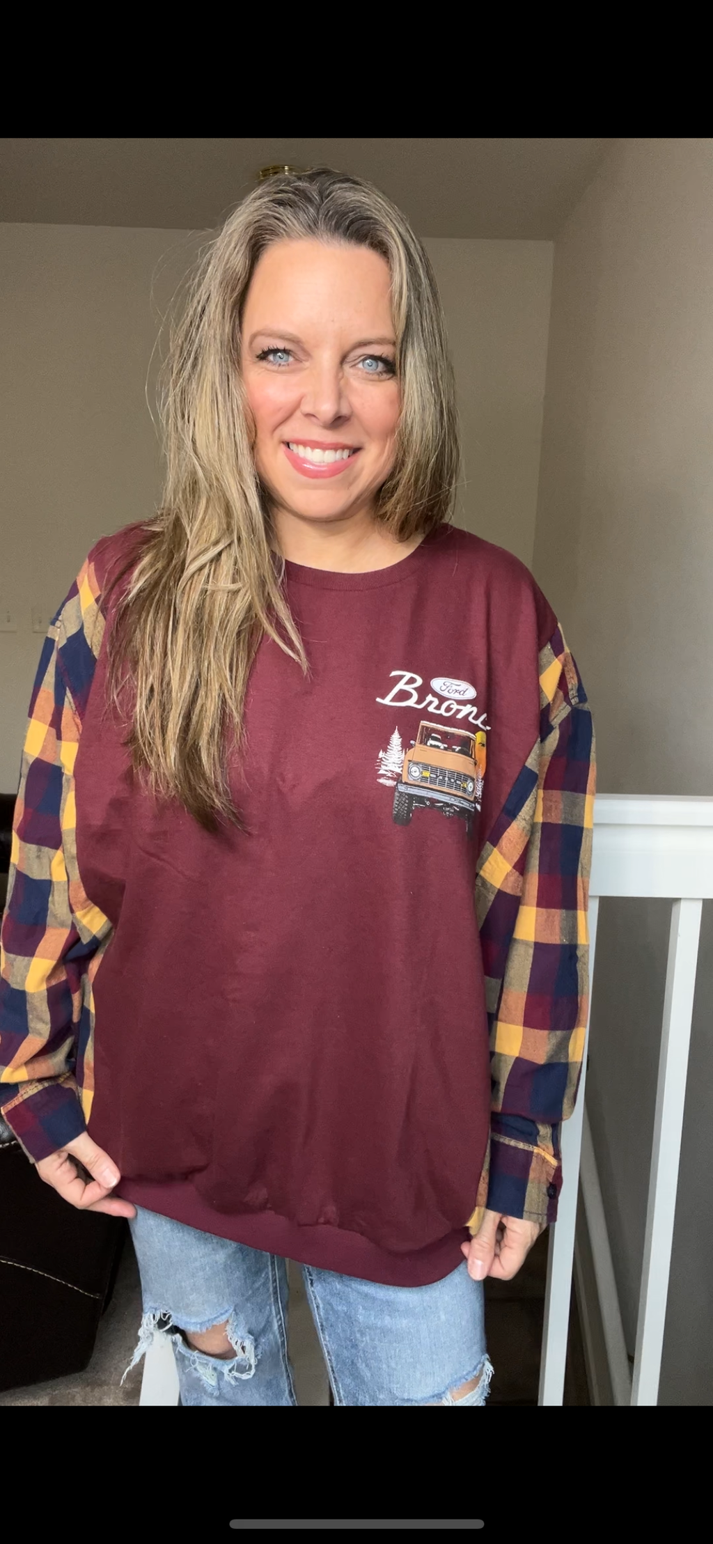 Upcycled Bronco - woman's 3X Tshirt with flannel sleeves