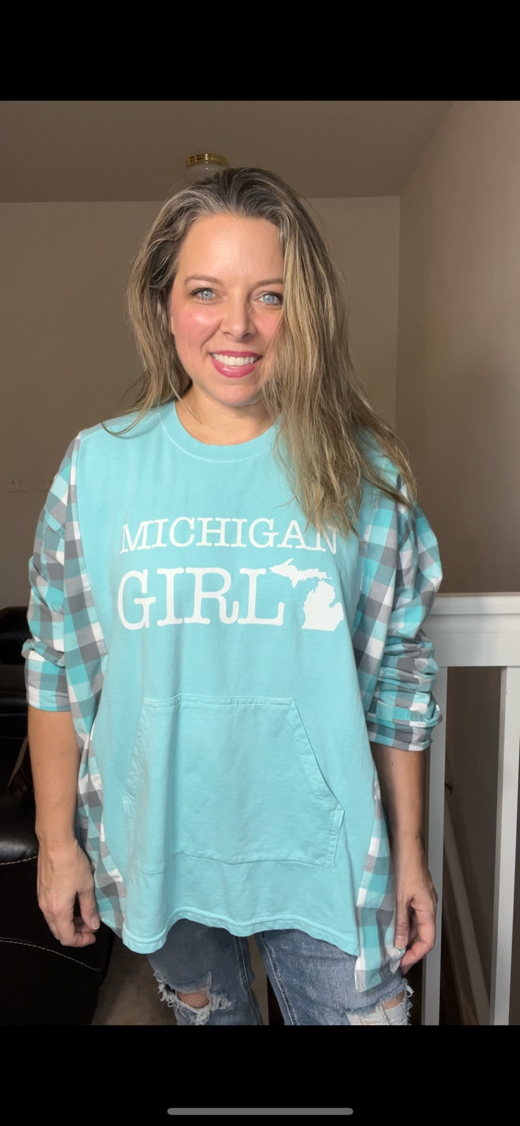 Upcycled Michigan girl – women’s 2X – French terry sweatshirt with cotton sleeves￼