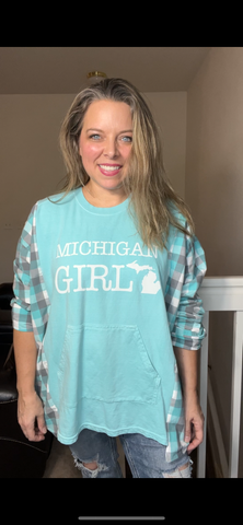 Upcycled Michigan girl – women’s 2X – French terry sweatshirt with cotton sleeves￼