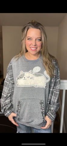 Upcycled Cat – women’s 2X midweight sweatshirt with flannel sleeves