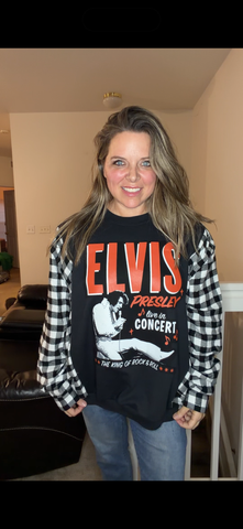 Upcycled Elvis - women's 4X midweight sweatshirt with flannel sleeves