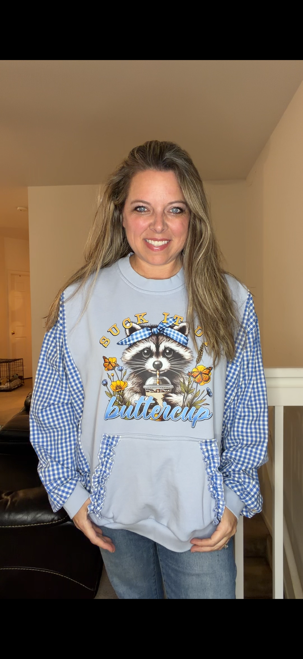 Upcycled Raccoon – women's large/XL midweight sweatshirt with cotton sleeves